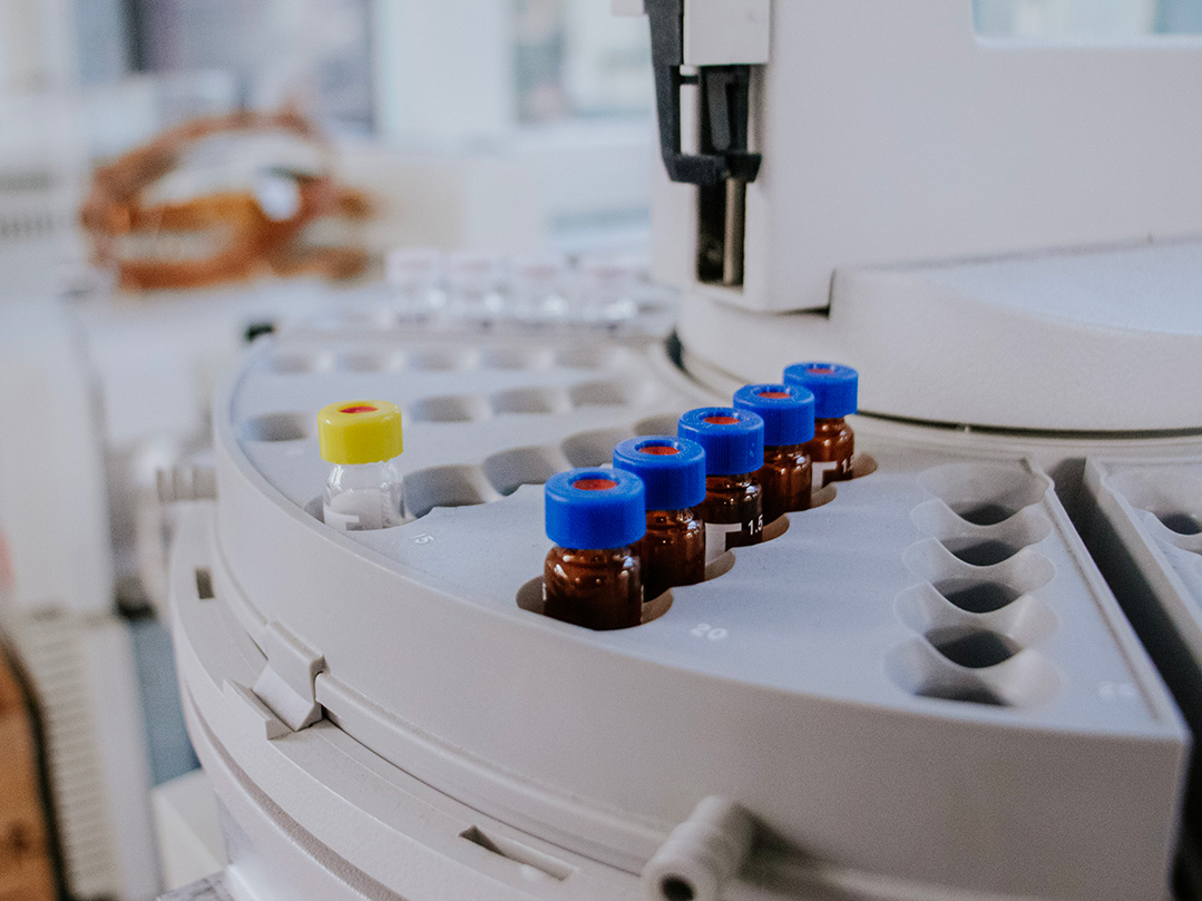 Vials of liquid in a machine