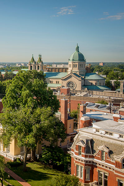 an aerial view of Founders Hall and the surrounding area on the v. c. u. campus.